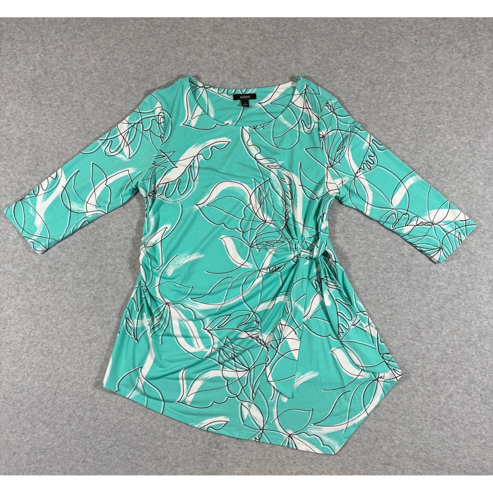 Alfani Floral Abstract Tie Waist Tunic Top Sleeve Aqua Blue Size (M)